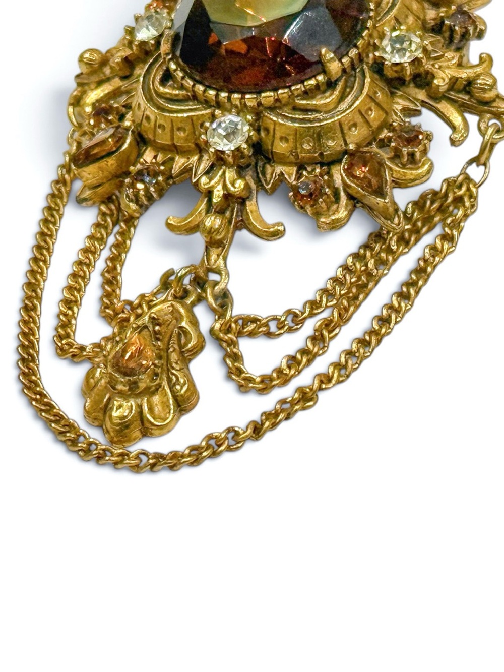Vintage Florenza Gold-Tone Brown Crystal Brooch with Chain Drapes - Picture 11 of 16